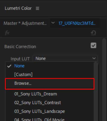browse luts in adobe premiere