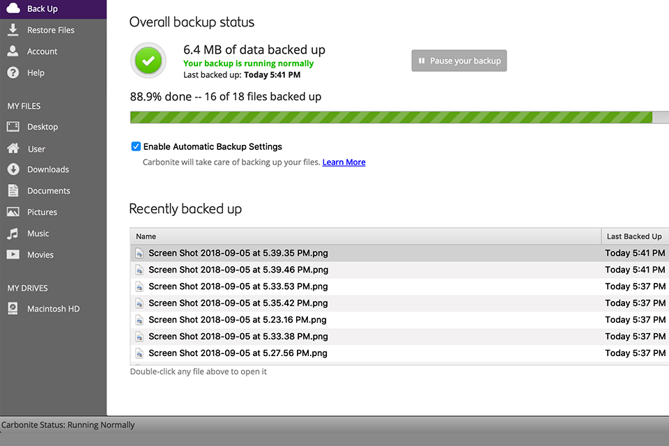 carbonite safe online backup service interface