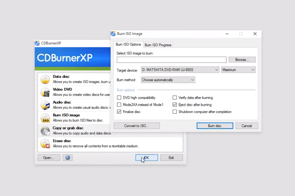 cdburnerxp iso burn software interface