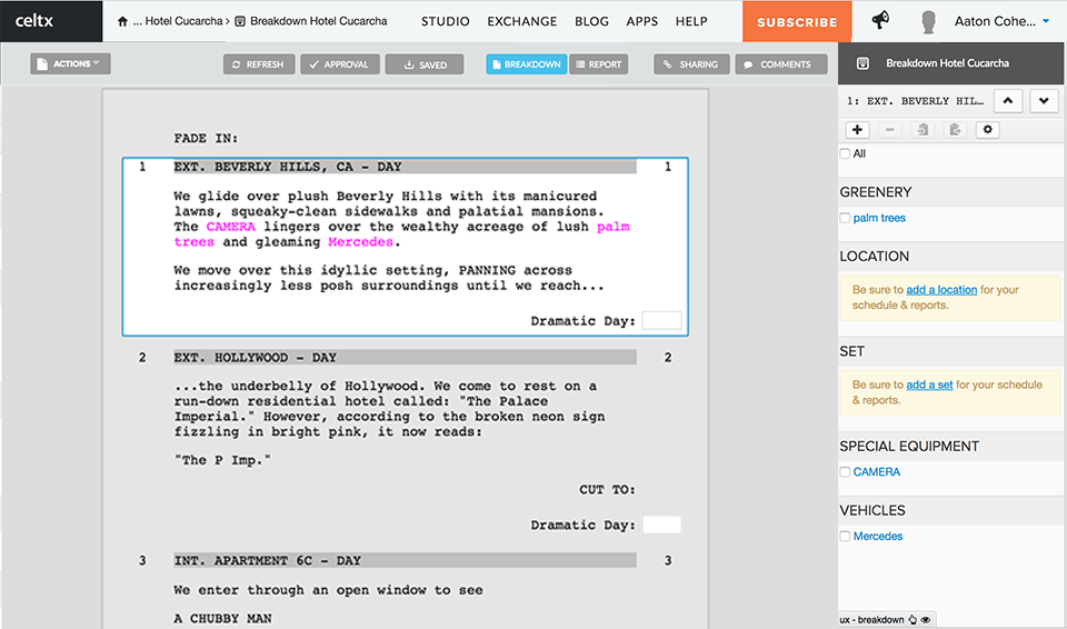 celtx interface adobe story alternative