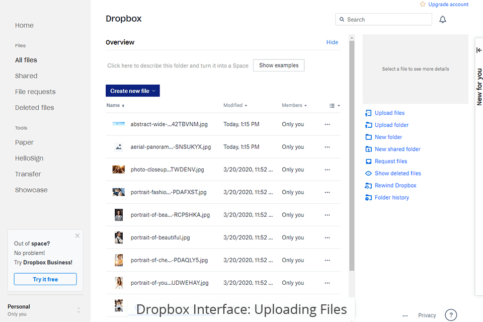 dropbox online backup service interface