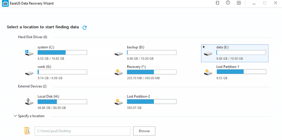 easeus data recovery wizard interface