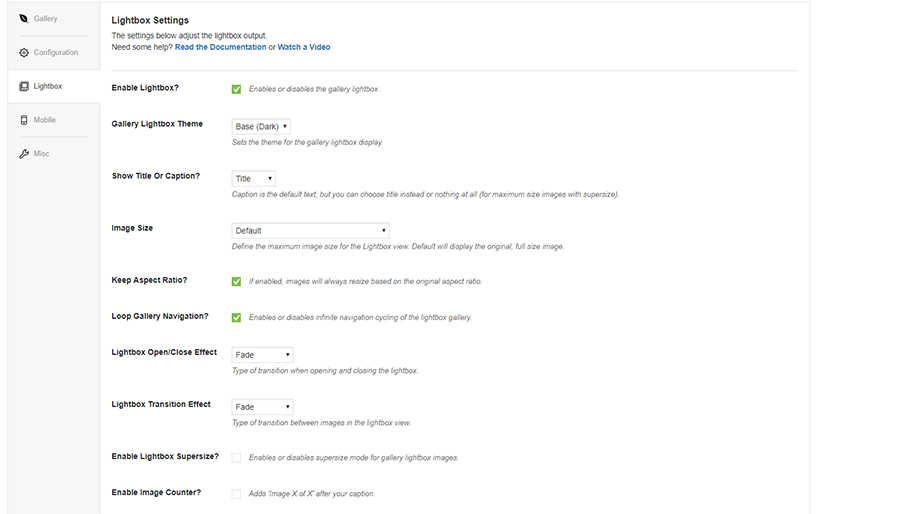 envira gallery lightbox settings