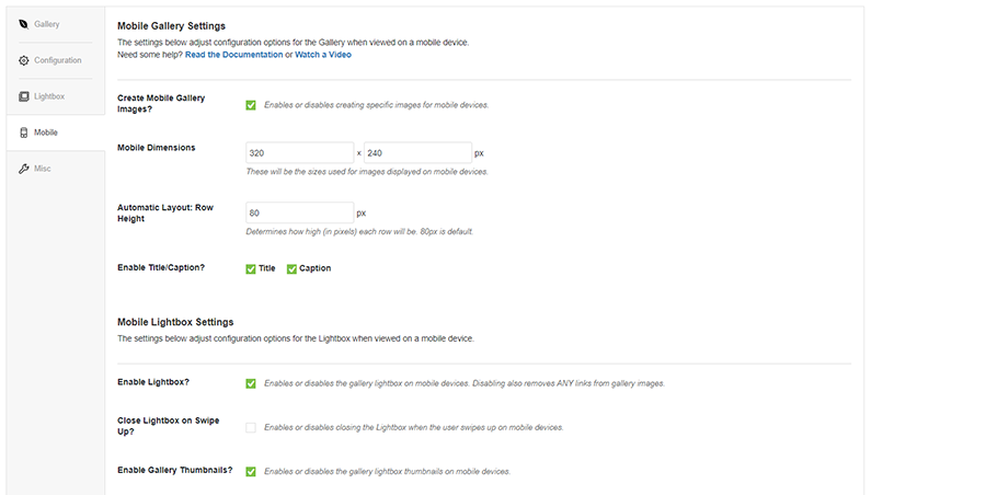 envira gallery mobile settings