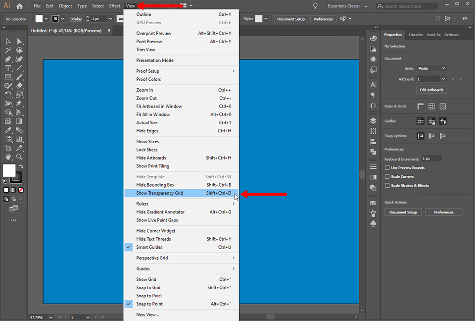 how to change background color in illustrator show transparency grid