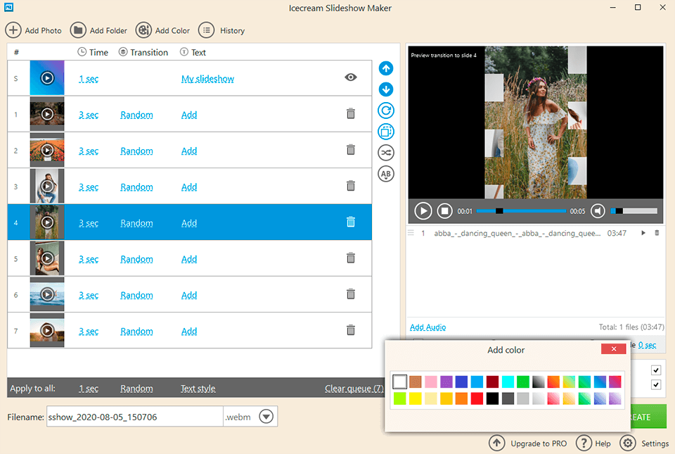 interface de création de diaporamas de glace
