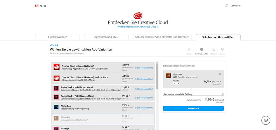 kreative cloud plan für schulen und universitäten