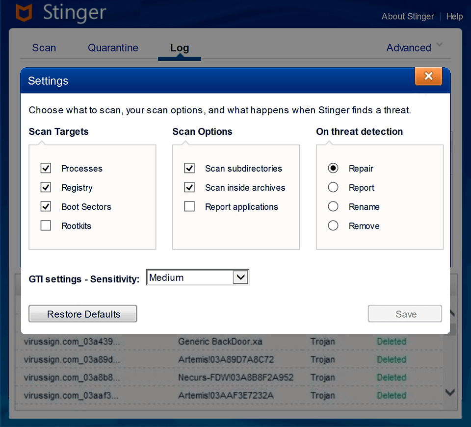 mcafee stinger download interface