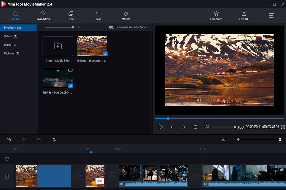 minitool moviemaker video splitter interface