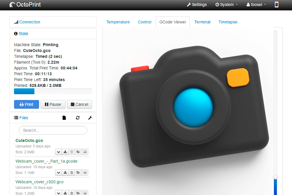 octoprint interface 3d printing software