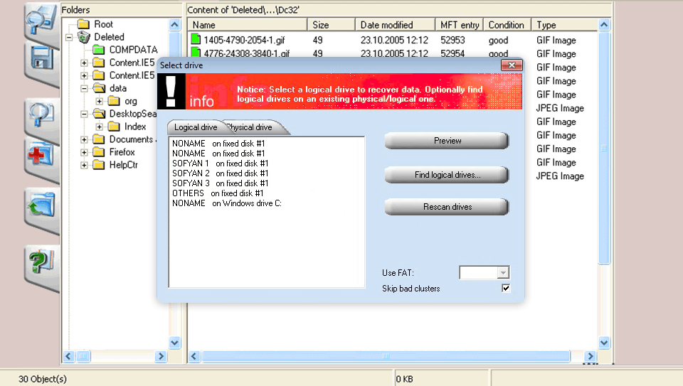 pc inspector file recovery interface