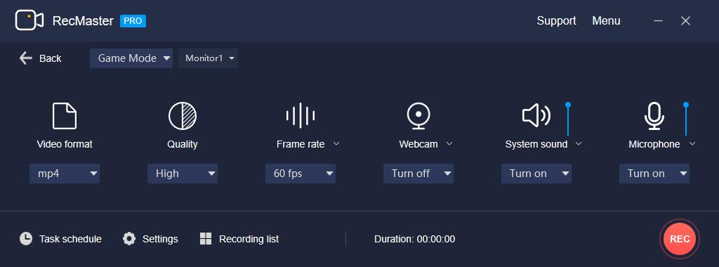 recmaster software interface quality of video