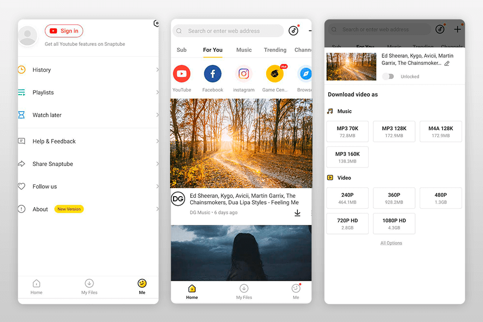 snaptube video downloader app interface