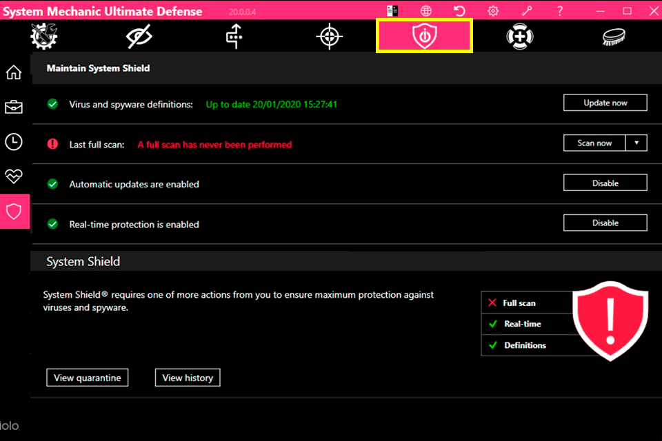 system mechanic ultimate defense system shield interface