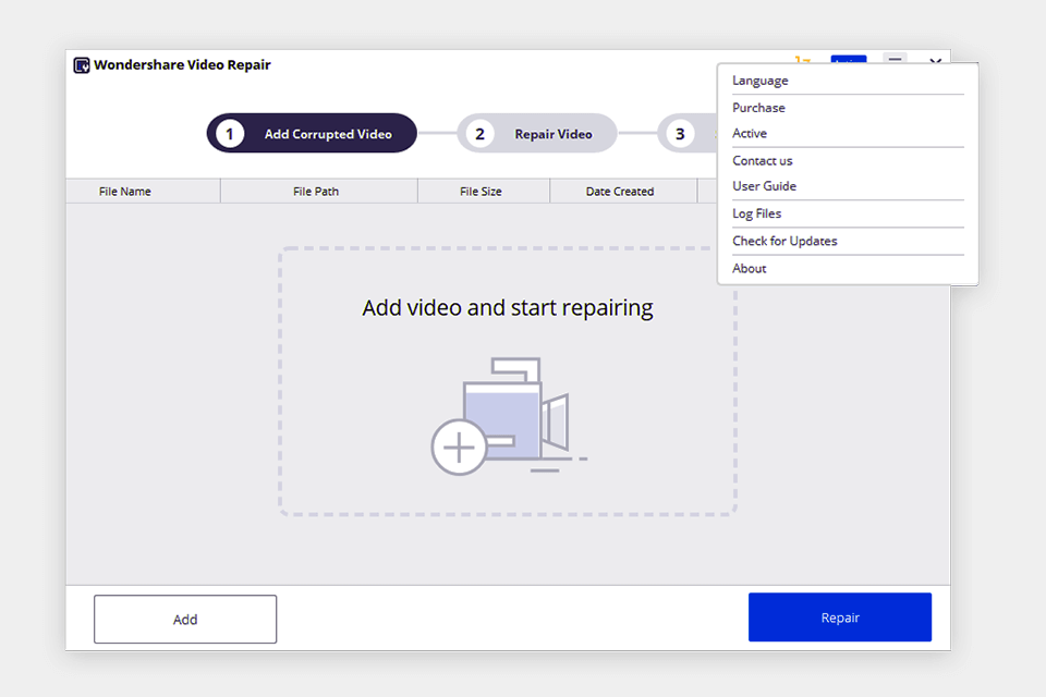 wondershare video repair interface