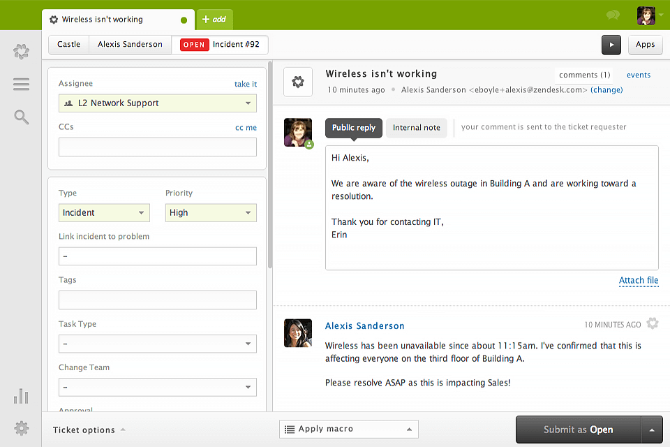 interfaz de software de servicio al cliente de redes sociales zendesk