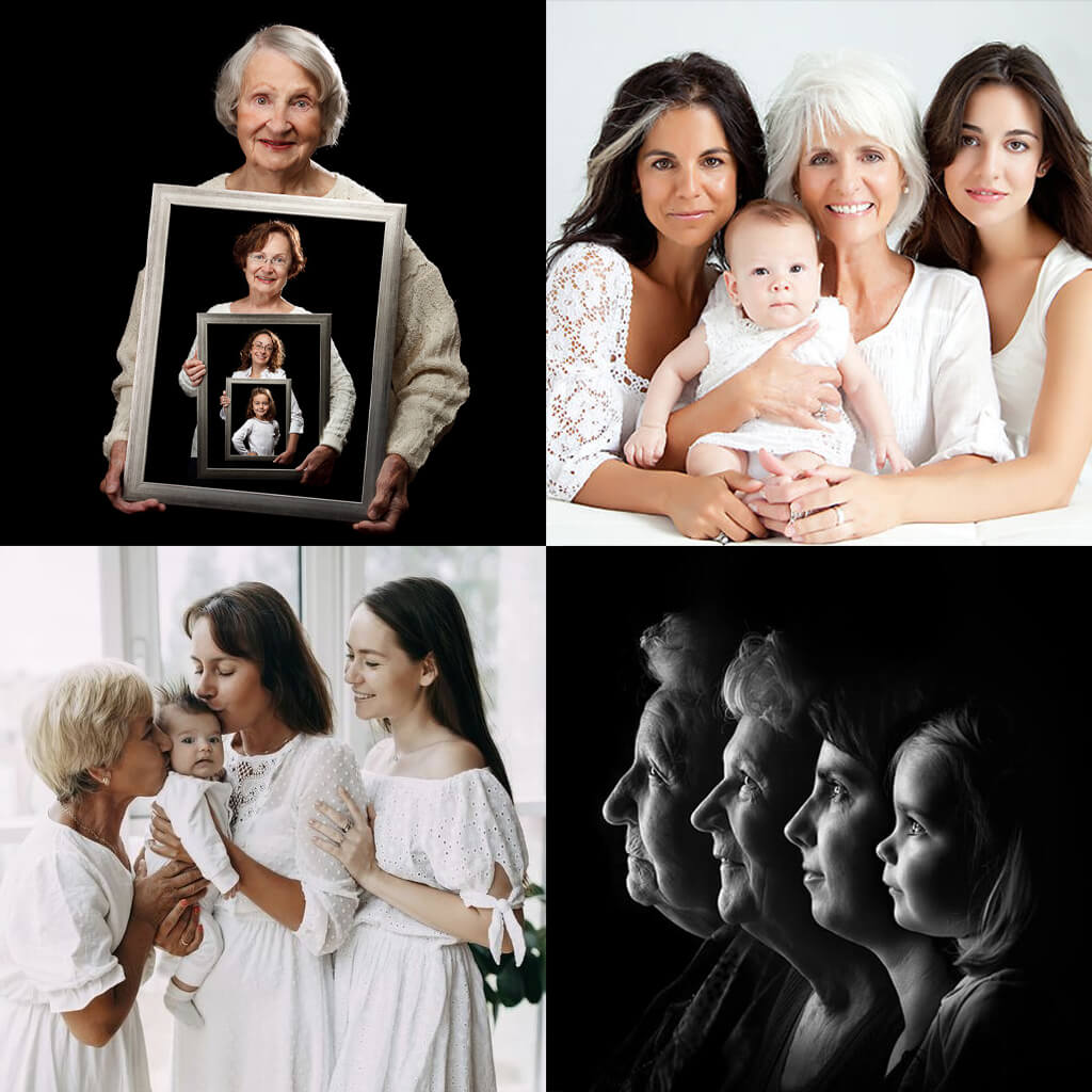 Four-Generations-Mother-Child -Family-Dramatic Lighting-Portrait- Poses-Baby-Grandmother-Great  | Family portrait poses, Generation photo, Family photo studio