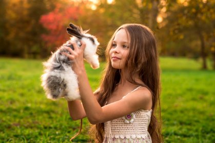 before retouching little girl with a rabbit