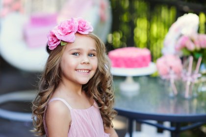 before and after retouch little girl with pink flowers on her head