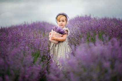 before and after retouch little girl in lavender