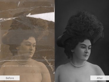 photo restoration software lady with hat on a dark background