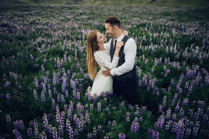 wedding photo color correction couple lavender field